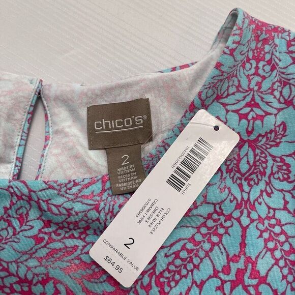 NWT Chico’s Ellie Blue Pink Knee Length Dress Size 2 US Medium Large New - Picture 2 of 5
